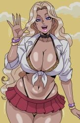 big_lips bikini bimbo bimbofication blonde blonde-haired_female blonde_female blonde_hair bracelets breasts clouds collar collarbone collared_shirt dark-skinned_female diamond_is_unbreakable female female_only front_view gh0stec ghostec gyaru gyaru_gal gyarufication happy huge_ass jojo's_bizarre_adventure large_breasts leopard_print leopard_print_bikini lips lipstick long_hair long_nails looking_at_viewer midriff midriff_baring_shirt navel open_mouth panties pink_lips pink_lipstick pink_nails purple_eyes red_skirt sharp_nails sky_background solo tan_body tan_skin tanned tanned_skin thick_thighs thong_bikini tied_shirt upper_teeth waving waving_at_viewer wavy_hair white_shirt yamagishi_yukako yellow_background yellow_sky yukako_yamagishi yukako_yamagishi_(jojo's_bizarre_adventure)