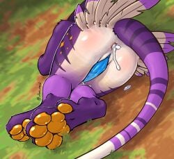 anal anthro avali blue_penis bodily_fluids butt butt_focus cum cum_drip cum_in_ass cum_inside dripping feathers fur genital_fluids genitals hi_res lying male on_side pawpads paws penis purple_body purple_fur solo tail vikas yellow_pawpads