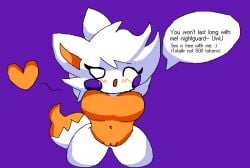 adorable big_breasts caramelpearl_(artist) cute dialogue five_nights_at_freddy's five_nights_at_frickbears five_nights_at_frickbears_3 fox fox_ears fox_girl fox_tail inviting_to_sex lolbit_(fnaf) lolbit_(frickbears) on_knees orange_breasts orange_fur pussy simple_background solo tagme white_body white_fur