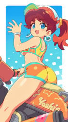 1girl :d aqua_trim ass baseball_cap bikini bikini_shorts blue_eyes blush blush_lines blushing bracelet bracelets breasts brown_hair commentary_request earrings english_text flower_earrings from_behind hair_up hat high_ponytail jewelry looking_at_viewer mario_(series) mario_kart mario_kart_world medium_breasts motor_vehicle motorcycle nintendo om_(nk2007) on_motorcycle open_mouth orange_bikini ponytail princess_daisy princess_daisy_(swimwear) princess_daisy_(swimwear)_(mario_kart_world) shorts sitting smile solo swimsuit thighs underboob