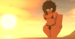 1boy 3d bikini black_bikini black_hair blue_eyes bulge dark-skinned_femboy dark-skinned_male dark-skinned_sissy dark_skin femboy male messy_hair my_femboy_roommate robin_(my_femboy_roommate) roblox robloxian self_upload tonyrr34 wide_hips
