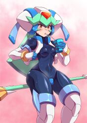 drinking mega_man mega_man_x_dive mega_man_zx noburockman pandora_(mega_man) sitting skinsuit small_breasts sweat tagme thick_thighs