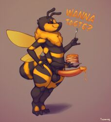 anthro arthropod bee bodily_fluids erection food genitals girly hi_res honey_(food) humanoid hymenopteran insects looking_at_viewer male no_humans non-human non-human_only nude pancake penis simple_background smile solo text thick_thighs tussamag wings