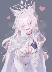 akira_(blue_archive) animal_ear_fluff animal_ears artist_request black_choker blue_archive blush breasts cat_ears cat_tail choker cleavage cloak cum cum_on_body cum_on_breasts female gloves grey_hair hair_intakes half-closed_eyes halo heart highres large_breasts leaning_forward long_hair mmmt0a4w0a6k pants pussy_juice_stain ribbed_sweater seven_prisoners_(blue_archive) shirt smile solo sweater tail thigh_gap very_long_hair white_cloak white_gloves white_pants white_shirt