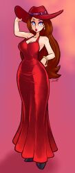 back_view backless_dress bare_shoulders bracelets clothed curvaceous dress exposed_back fully_clothed hat hourglass_figure jamoart large_breasts long_legs mario_(series) pauline red_dress super_mario_odyssey tall_female