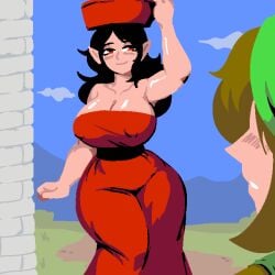 1boy 1girls big_breasts black_hair blush breasts cleavage dress healer_(the_adventure_of_link) imminent_sex link nintendo red_dress royalmilk20 smile the_adventure_of_link the_legend_of_zelda thick_thighs wide_hips zelda_ii:_the_adventure_of_link