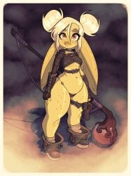 2d alternate_version_available ankle_boots armor big_ears big_eyes blonde_hair boots bottom_heavy eyelashes female fingerless_gloves floppy_ears freckles freckles_on_ears full_body goblin goblin_female green-skinned_female hair_buns high-angle_view holding_weapon huge_ears jack_cayless leather_armor neoteny orange_eyes panties platinum_blonde_hair pouty_lips shoulder_armor sidelocks small_breasts socks solo staff thick_lips vambraces waist_belt