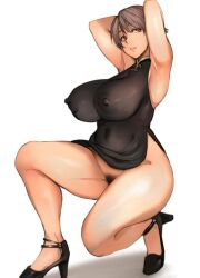 1girls 2018 armpits arms_behind_head arms_up bare_arms bare_legs bare_shoulders black_dress breasts brown_hair china_dress chinese_clothes clothing covered_navel dress erect_nipples erect_nipples_under_clothes eyebrows_visible_through_hair female female_only full_body high_heels highres huge_breasts looking_to_the_side mature_female orange-eyed_aunt_(pepe_(jonasan)) orange_eyes original pelvic_curtain pelvic_curtain_aside pepe_(jonasan) pose pubic_hair short_dress short_hair simple_background skin_tight solo teeth thick_thighs thighs tight_clothing white_background