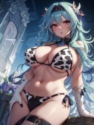 1girls 2023 ai_generated anime_nose asymmetrical_hair bangs bikini blue_hair breasts cleavage clothed_female cow_ears cow_girl cow_print cow_print_bikini cowboy_gloves eula_(genshin_impact) female genshin_impact gloves hair_between_eyes hips horned_female horned_humanoid horns huge_breasts light-skinned_female light_skin long_hair navel rockreef stable_diffusion thick_thighs thighs wide_hips