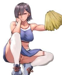 1girls 2018 bare_arms bare_shoulders black_hair blue_shirt blue_skirt bored breasts censored cheerleader cheerleader_uniform clothing crop_top eyebrows_visible_through_hair female female_only hair_between_eyes hairclip highres large_breasts looking_at_viewer midriff no_panties original pepe_(jonasan) pink_eyes pom_poms pubic_hair pussy shirt shoes short_hair simple_background skirt sleeveless sleeveless_shirt solo squatting thick_thighs thighhighs thighs tiptoes uniform unmotivated_little_sister_(pepe_(jonasan)) white_background