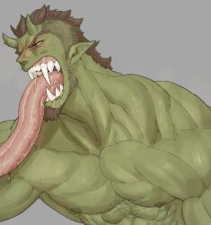 bara beard body_hair chest_hair facial_hair horns long_tongue macomuchi male male_only muscles muscular no_visible_genitalia nude solo solo_male sweat tongue_out