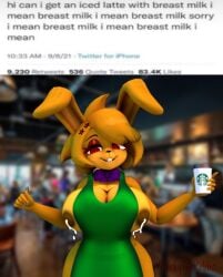 1girls 3d 3d_(artwork) anthro barista big_breasts bonfie bonfie_(cryptia) bonnie_(cally3d) bonnie_(fnaf) breasts bunny_ears cally3d clazzey coffee cryptiacurves darkytherabbit employee employee_uniform fazclaire's_nightclub female female_only five_nights_at_freddy's fnaf fredina's_nightclub i_mean_breast_milk iced_latte_with_breast_milk lactation meme red_eyes scottgames solo spring_bonnie spring_bonnie_(fnaf) springbonnie_(cally3d) starbucks