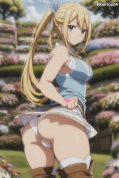 ai_generated bertox64 big_ass blonde_hair brown_eyes cute fairy_tail female female_only huge_ass lace lace-trimmed_panties lucy_heartfilia outdoor ponytail skirt_lift smile thick_thighs upskirt white_panties white_skirt