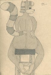 anthro ass big_butt clothing female furniture genitals gloves graphite_(artwork) hair handwear hi_res khat lemur lobar looking_back mammal markings monochrome nude primate pussy raised_tail simple_background sitting solo strepsirrhine striped_hair striped_markings striped_tail stripes tail tail_markings traditional_media_(artwork)