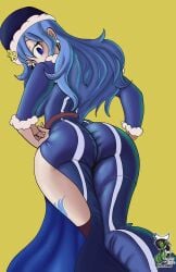 anime anime_style ass ass_focus big_ass blue_eyes blue_hair dressed fairy_tail female juvia_lockser looking_at_viewer looking_back looking_down safe_for_work self_upload shaowarts slit_dress tattoo tattoo_on_legs