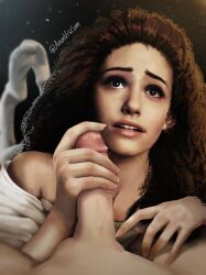 1boy 1girls anonviscom brown_hair christine_daae curly_hair emmy_rossum female handjob light-skinned_female looking_at_viewer looking_up looking_up_at_partner looking_up_at_viewer male partial_male phantom_of_the_opera pov