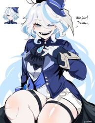 1girls archons blue_eyes bottom_heavy child_bearing_hips fangs female female_only french furina_(genshin_impact) genshin_impact goddess hat huge_thighs kurenaiz1 light-skinned_female light_skin sharp_teeth shiny_skin shiny_thighs thick thick_as_fuck thick_thighs thigh_strap thighs thunder_thighs white_hair wide_hips