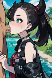 1girls ai_generated black_hair blowjob blush cum cum_in_mouth cum_in_throat cum_inside cute deep_blowjob deepthroat egirl female game_freak goth green_eyes innocent marnie_(pokemon) necklace nintendo oral petite pokemon pokemon_ss ponytail saliva saliva_drip stable_diffusion sucking surprised teenager tight_throat twintails valdon x-ray young