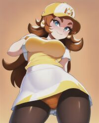 1girls ai_generated baseball_cap blue_eyes blush brown_hair cap clothed clothing female female_only fully_clothed happy_female looking_at_viewer mario_(series) nintendo onlyfakes.ai orange_panties panties pooplool princess princess_daisy sfw simple_background skirt smile solo standing summer_clothes tagme thin_female tight_clothing viewed_from_below