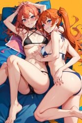 2girls 4k abs ai_generated ass bikini breast embarrassed expressive female female_only freckles hand_on_hip hd kasumi_(pokemon) large_breasts laying looking_at_viewer medium_breasts multiple_girls on_back on_side orange_hair panties pokemon pov shy slim_waist smirk smug sweat thighs underwear young yuri