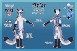 anthro ass atlas_(atlas_jkb) atlas_jkb black_body black_fur blue_body blue_fur blue_nose blue_pawpads blue_penis claws countershading digitigrade eyewear felid fur genitals glasses gloves_(marking) grey_body grey_fur hair hi_res leg_markings leopard_spots male mammal markings model_sheet narrowed_eyes pantherine pawpads penis snow_leopard socks_(marking) solo spots standing text twitter twitter_logo white_body white_fur white_hair