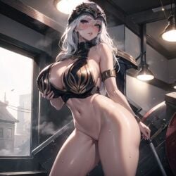 1girls ai_generated ashe_(league_of_legends) big_breasts blonde_female blue_eyes blush cixf curvy female female_only half_naked holding_own_breast huge_breasts indoors league_of_legends light-skinned_female long_hair naked pussy riot_games self_upload shaved_pussy solo_female steam steaming_body sweat thick_thighs white_hair wide_hips