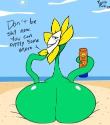 1boy 2d 2d_(artwork) 2d_artwork ass beach big_ass big_butt butt color dialogue english english_dialogue english_text fat_ass fat_butt femboy flower flowey_the_flower flowey_with_nothing_else_but_a_massive_ass huge_ass huge_butt looking_at_viewer looking_back looking_back_at_viewer male male_only roccorox smug solo sunscreen talking_to_viewer text thick_ass thick_butt toby_fox undertale undertale_(series)