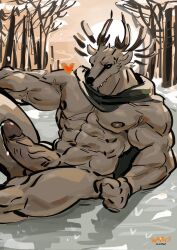 <3 2023 2d 2d_(artwork) abs antlers biceps bodily_fluids digital_drawing_(artwork) digital_media_(artwork) genital_fluids genitals glans heart hi_res horn humanoid_genitalia humanoid_penis male male_only muscular muscular_male nipples on_snow outside pecs penis sitting snow solo solo_male specimen_8 spooky's_jump_scare_mansion teeth thaires