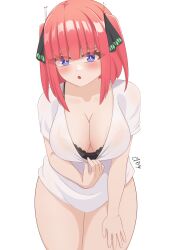 big_breasts blue_eyes blush bra breasts el_bin embarrassed female female_only full_body go-toubun_no_hanayome large_breasts nakano_nino pink_hair ribbon shirt shirt_pull short_hair solo teasing white_background white_shirt