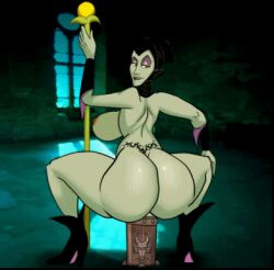 animated ass ass_jiggle back big_breasts boots bouncing_breasts breasts cum cum_in_pussy cum_inside dildo disney disney_villains elbow_gloves female female_only from_behind gif gloves green_skin huge_ass maleficent milf nipples purplemantis sex_toy sideboob sleeping_beauty_(1959_film) squatting staff tattoo thick_thighs tramp_stamp wide_hips window witch