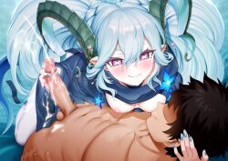 1boy 1girls aqua_hair big_penis black_hair blue_hair blue_nails blush braid breast breast_sucking breasts closed_mouth collarbone completely_nude crown_braid cum cum_on_body curled_horns erection fate/grand_order fate_(series) female french_braid hair_between_eyes handjob horns jacket_open larva_tiamat_(fate) larva_tiamat_(second_ascension)_(fate) long_hair long_horns looking_pleasured m-da_s-tarou male nail_polish nipples nude nursing_handjob painted_nails penis pink_eyes pointy_ears projectile_cum short_hair sidelocks small_breasts smile straight symbol-shaped_pupils tail testicles tiamat_(fate) twintails very_long_hair