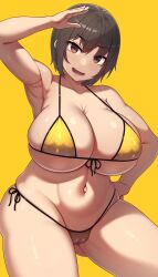 1girls bikini breasts brown_eyes brown_hair cleavage female gold_bikini hips huge_breasts light-skinned_female light_skin original original_character samegami short_hair thick_thighs thighs wide_hips