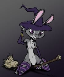 anthro armwear bracelet breasts broom cleaning_tool clothing digital_media_(artwork) disney elbow_gloves eyeshadow female fur genitals gloves grey_body handwear hat headgear headwear jewelry judy_hopps lagomorph legwear leporid makeup mammal mortimer_thorn nipples purple_eyes pussy rabbit simple_background smile solo solo_focus stockings witch_hat zootopia