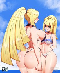 1futa 1girls age_difference aged_up ass back back_view big_breasts bikini blonde_hair breasts clothed clothing duo female futa_with_female futanari green_eyes heart-shaped_pupils huge_ass human human_only imminent_sex implied_futa incest intersex jadenkaiba large_breasts light-skinned_female light-skinned_futa light_skin lillie_(pokemon) long_hair lusamine_(pokemon) milf mostly_nude mother_and_child mother_and_daughter nintendo older_futa outdoors parent parent_and_child parent_and_daughter png pokemon pokemon_sm standing textless thick_thighs wide_hips younger_female