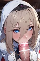 1boy 1girls ai_generated aponia_(honkai_impact) bar_censor blue_eyes breasts fellatio female_focus honkai_(series) honkai_impact_3rd large_penis nun nun_outfit stable_diffusion