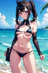 1girls 4k ai_generated ass beach big_breasts biting_lip black_bikini boobs embarrassed expressive eyes female female_only hd in_water looking_at_viewer marnie_(pokemon) panties pokemon shy smirk smug solo standing sweat thighs tight_clothes underboob underwear water wet young