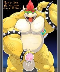 1boy anthro balls bara barazoku big_balls big_penis boner bowser erection facial_hair gay koopa male male_only mario_(series) masturbation muscles muscular nintendo penis red_hair rikuoxas scalie solo solo_male spiked_armlet text tongue_out