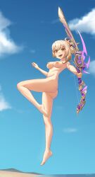 1girls ass barefoot beach blonde_hair blue_sky bow_(weapon) breasts female genshin_impact highres leg_up luizhtx midair nipples nude open_mouth outdoors shoulder_tattoo smile solo tattoo weapon yellow_eyes yoimiya_(genshin_impact)