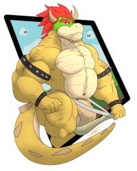 1boy anthro balls bara barazoku big_balls big_penis bowser facial_hair gay jockstrap koopa male male_only mario_(series) muscles muscular nintendo outdoors penis red_hair rikuoxas scalie solo solo_male spiked_armlet super_mario_bros. underwear underwear_pull