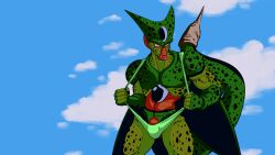 android beady_eyes blue_sky bodily_fluids brachyzoid bulge_through_clothing cell_(dragon_ball) clouds dragon_ball dragon_ball_z dragon_ball_z_abridged featureless_chest featureless_crotch fists green_body green_mankini green_skin holding_mankini humanoid imperfect_cell long_fingernails male male_only mankini meme muscular muscular_arms pulling_mankini red_sclera saliva screencap solar_flare solo spotted_body spotted_skin spotted_tail staring staring_at_viewer suggestive suggestive_look tail team_four_star thick_neck three_tone_body tongue tongue_out veiny_tail wings