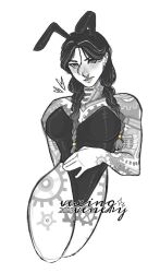 1girls 2d black_and_white black_hair braid braided_hair braided_ponytail bunny_ears bunnysuit clothed clothing digital_drawing_(artwork) digital_media_(artwork) dress ear_piercing earrings epic_games female female_focus female_only fortnite jules_(fortnite) light-skinned_female light_skin looking_at_viewer nose_piercing piercing piercings ponytail ponytails presenting simple_background solo solo_focus tattoo tattoos thick_thighs vexingvenery watermark white_background