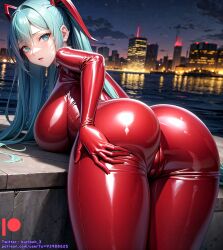 ai_generated ass ass bodysuit breasts butt_crack female kuriboh_ex_(artist) latex latex_suit oppai rubber rubber_suit turquoise_eyes turquoise_hair