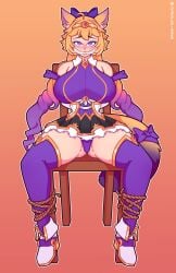 1girls big_breasts blonde_hair bondage breasts chair crown dyed_hair female female_only hourglass_figure io_(paladins) kerosin looking_at_viewer magical_girl mouth_gag paladins panties purple_clothing purple_eyes rope rope_bondage skirt solo stellar_protector_io thick thick_thighs thighhighs thighs tiara underwear