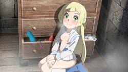 1girls 2d accurate_art_style acting_innocent blonde_hair braided_ponytail breasts dildo female floor game_freak green_eyes light-skinned_female light_skin lillie_(pokemon) long_hair nintendo on_knees pokemon pokemon_sm solo toxshadows vibrator