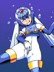 1girls android blush bodysuit bottomless fairy_leviathan helmet hnsundown mega_man mega_man_zero pixel_art pussy robot_girl spreading_pussy thighhighs thighs underwater