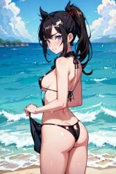 1girls 4k ai_generated ass beach big_breasts black_bikini embarrassed expressive eyes female female_only hd in_water looking_at_viewer marnie_(pokemon) panties pokemon shy smirk smug solo standing sweat thighs tight_clothes underwear water wet young