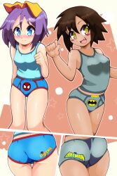 2girls blue_camisole blush blushing briefs camisole childish_panties dark_skin euf-dreamer female female_only grey_camisole kusakabe_misao light_skin lucky_star multiple_girls smile smiling superhero tsukasa_hiiragi underwear white_skin