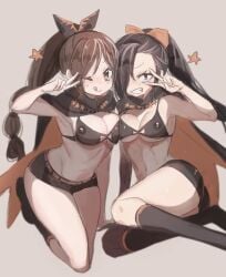 2girls ass b_c_b_c_b_c black_bra black_hair breast_to_breast brown_hair duo duo_female duo_focus hair_over_one_eye half_naked multiple_girls natsuki_subaru natsumi_schwarz peach_pussy re:zero_kara_hajimeru_isekai_seikatsu shaula_(re:zero) short_shorts smiling_at_viewer thick_thighs thighs