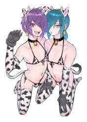 2boys 2femboys 2n5 :d animal_ears animal_print bare_shoulders bell bikini blue_hair borrowed_character bulge bulge_in_panties collar cow_bikini cow_ears cow_horns cow_print cow_tail crossdressing ear_piercing ear_tag earrings elbow_gloves emo emo_boy fake_animal_ears femboy gloves goth goth_boy hair_over_one_eye highres horns iriya-kun kneeling long_hair looking_at_viewer male male_focus male_only medium_hair micro_bikini mikel-kun multiple_boys navel neck_bell open_mouth original otoko_no_ko piercing ponytail purple_eyes purple_hair simple_background small_penis smile swimsuit tail teeth thighhighs torn_clothes torn_gloves torn_thighhighs trap twink white_background yellow_eyes