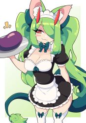 1girls :3 cat_ears cat_girl catgirl cheek_spots dew_(j5daigada) dragon_girl dragon_tail female female_only green_hair hair_over_one_eye hi_res horns hybrid j5daigada long_hair looking_at_viewer maid maid_headdress maid_uniform neck_ribbon nekomimi original original_character red_eyes ribbon smiling smiling_at_viewer solo tail thighhighs tray white_thighhighs